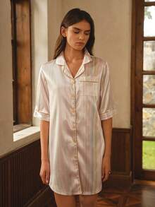 Bisouelle Summer Satin Casual Striped Print Lapel Front Button-Down Patch Pocket Short Sleeve Nightgown For Women, Suitable For Autumn - Multicolor - View 3