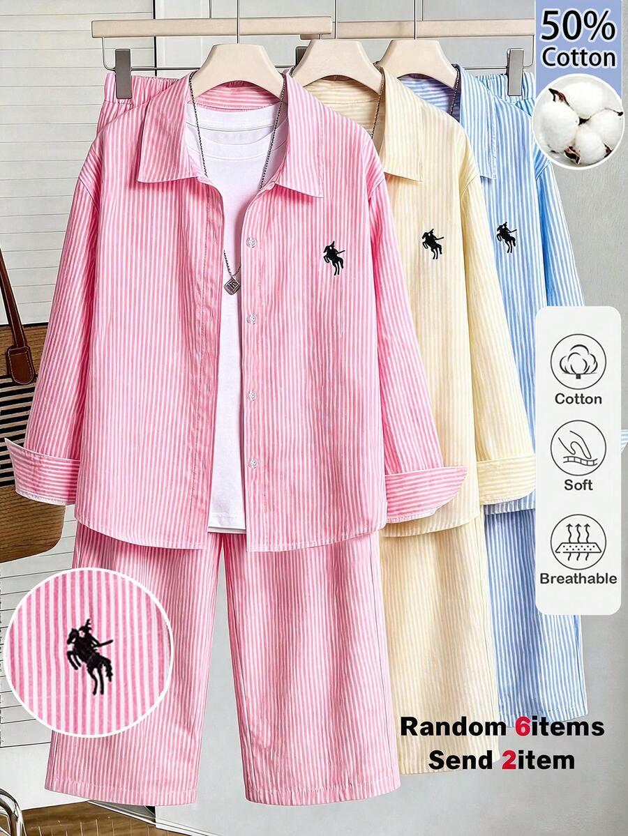 SHEIN 青少年女孩馬術條紋印花單排扣襯衫與長褲套裝 - 彩色 - 查看 1