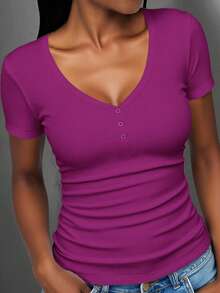 Slaydiva Plus Size Women Solid Color Ruched Slim Fit Versatile Daily Casual Short Sleeve T-Shirt - Hot Pink - View 5