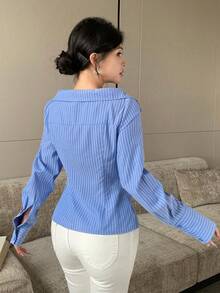 Modelyn Navy Blue Striped Slim Fit Cold Shoulder Long Sleeve Cropped ...