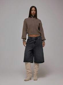 MUSERA Oversized Denim Longline Belt Detail Back Jort Shorts Autum Winter Streetwear Cool Girl Y2K Everyday Casual Sepia Spring Summer Dark Grey - Black - View 1