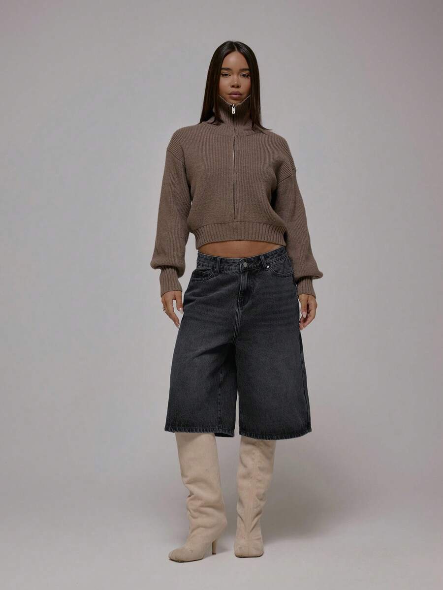 MUSERA Oversized Denim Longline Belt Detail Back Jort Shorts Autum Winter Streetwear Cool Girl Y2K Everyday Casual Sepia Spring Summer Dark Grey - Black - View 1