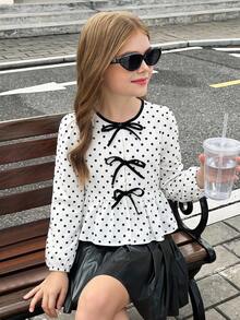 Tween Girl Polka Dot Print Front Tie Ruffle Hem Blouse - White - View 3