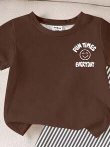 1 Random Set,, Print Round Neck Sleeve  T-Shirt And Matching Striped Long Pants Casual Outfit For Boys - Multicolor - View 4