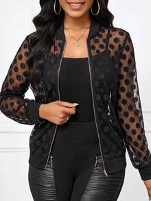 SHEIN Lady Women's Polka Dot Mesh Long Sleeve Zipper Front Baseball Collar Regular Fit Jacket - Black - View 1