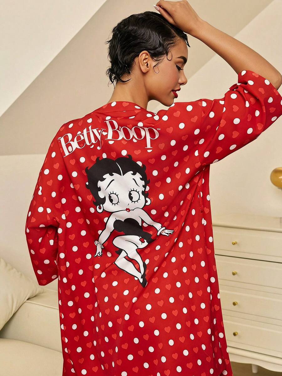 Betty Boop x SHEIN 夏季波尔卡圆点爱心图案七分袖红色睡袍,休闲、性感、可爱风格,适合秋季 - 紅色 - 查看 1