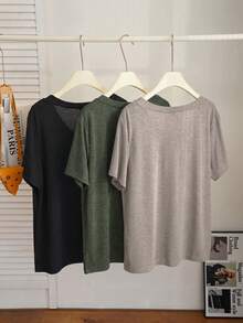 Comfortcana 3pcs/Set Plus Size Multi-Color Spring/Summer A-Line Casual V-Neck T-Shirts - Multicolor - View 2