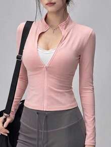 DAZY 女款春夏秋粉色修身顯身材運動瑜伽百搭打底開襟外套 T-shirt，韓系 Y2K 風格 - 粉色 - 查看 8