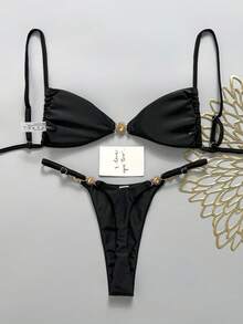 Swim Mod Conjunto de bikini de mujer de unicolor con tirantes finos y decoración metálica para primavera/verano - Negro - Ver 2