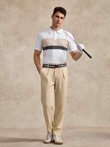 Courvante Men's Casual Commuter Slant Pocket Solid Color Pants, Beige Pants, Business Formal Style, Fall, Old Money - Apricot - View 2
