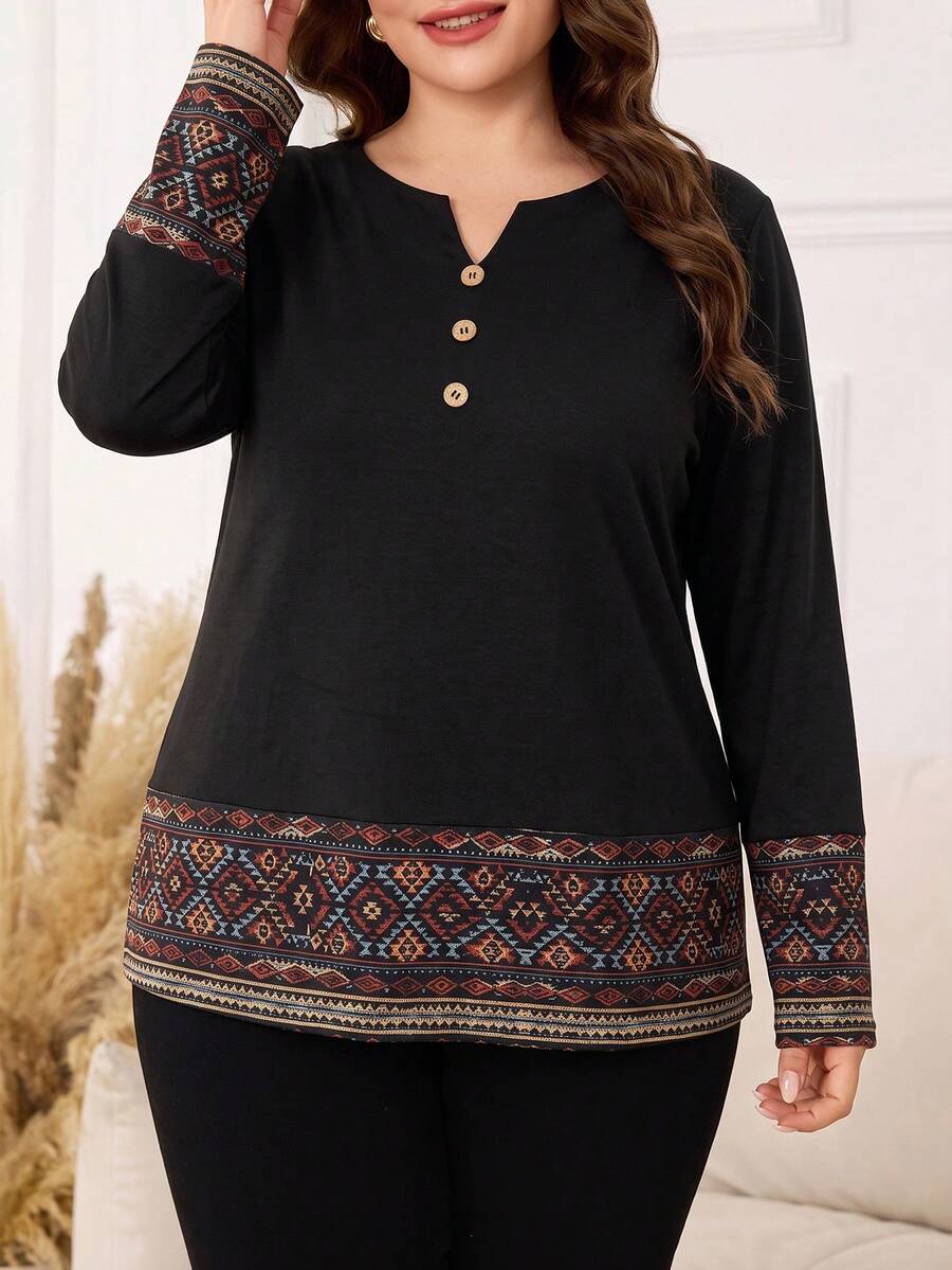 Lacomfia Autumn/Winter Elegant Casual Print Patchwork V-Neck Button Loose Fit Plus Size Women's T-Shirt - Multicolor - View 1