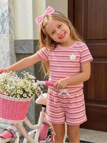SHEIN Young Girl' Knit Short Sleeve T-Shirt Set, With 3D Floral Decor On Front, Fashionable And Unique, Suitable For Casual  2 Piece Sets - Red - View 1