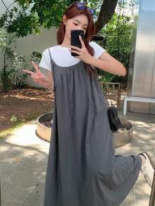 DAZY 女款純色百褶休閒日常細肩帶中長洋裝 - 深灰色 - 查看 4