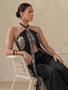 Swim Oasis Vacation Minimalist Tropical European American Print 2 Pieces Set Halter Neck Sleeveless Long Top Casual Loose Long Pants Beach Black Beige Summer - Black - View 5