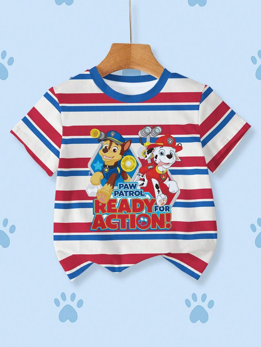 SHEIN | PAW Patrol Young Boy Contrast Color Striped Cartoon Print T-Shirt - White - View 1
