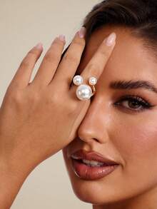 Altistry 1pc Fashionable Minimalist Pearl Ring, Suitable For Women's Daily Wear And Gift - White - View 4