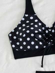 Swim Lushoire 女款夏季海灘波點性感比基尼三角內褲兩件式泳衣套裝附迷你裙 - 黑與白 - 查看 5