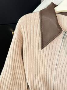 Muvela Cardigan tricoté court décontracté pour femme, vintage élégant, beige, patchwork, col, double fermeture éclair devant, automne/bureau, brunch, quotidien, rendez-vous, fête des enseignants - Kaki - Voir 5