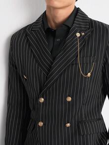 RONVEXI 男士條紋翻領長袖西裝外套與直筒商務長褲正式套裝 燕尾服套裝，儀式用 - 黑色 - 查看 2