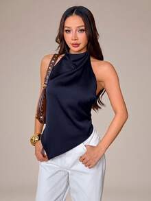 SHEIN PETITE 女款性感露背掛脖上衣，優雅適合派對、通勤與度假，夏季穿著 - 藏蓝色 - 查看 3