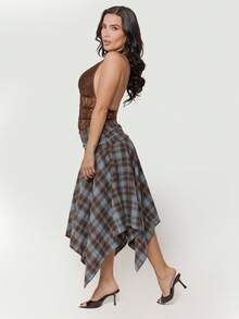 Dania Mndz Shop Women's Retro Blue Plaid Cotton Midi Skirt,Asymmetrical Hem High Low Checkered Skirt,Elegant Winter Date Y2K Style,Perfect For Spring Break - Blue - View 6