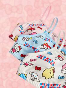 HELLO KITTY AND FRIENDS | SHEIN Tween Girl 3pcs/Set Cute Kitty Print Cami Top, Blue, Pink And White - Pink - View 3