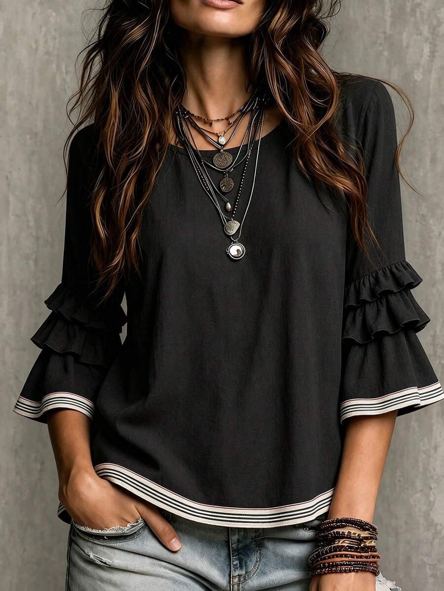 Glimmora Blus Wanita Musim Panas dan Gugur Terbaru, Gaya French Casual Boho, Longgar, Berkerut, Lengan 3/4 Mengembang, Cocok untuk Kencan Sehari-hari, Garis-garis Hitam Putih - Hitam - View 1