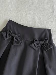 SHEIN 女童秋季白色百褶迷你裙，3D蝴蝶結，高腰A字裙，鬆緊腰，優雅公主風運動休閒校園風，7歲生日裙 - 灰色 - 查看 4