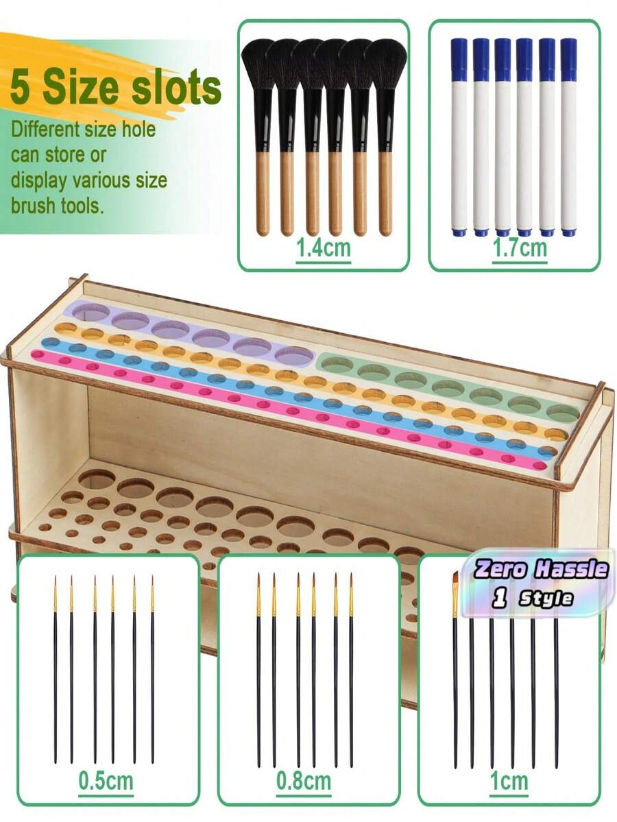 Wooden Paint Brush Holder, 67 Holes Artist Brush Storage Rack, Desktop Organizer Caddy For Paintbrushes, Pens, Pencils & Art Craft Supplies - one size fits all - View 1