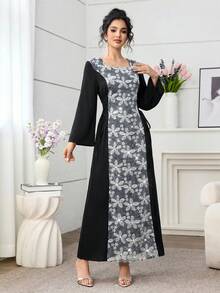 Yasmyna 春夏優雅方領前片拼接刺繡布料收腰女款阿拉伯風洋裝 - 黑色 - 查看 5
