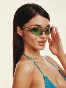 Popjeli Retro Gray-Frame Fruit Green Lens Sunglasses, Niche Contrast Colors To Create Y2K Millennial Style, Daily Street Leisure - green gray - View 5