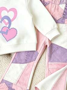 SHEIN Girls Pink & Purple Patchwork Heart Embroidery Crew Neck Sweatshirt And Colorblock Pink & Purple Flared Pants Digital Print 2-Piece Set, Spring Autumn Winter Sweet Casual Outfit For Young Girls, Patchwork Heart Print, Girls Set, Long Sleeve Crew Neck Sweatshirt, Colorblock Flared Pants, Children's Spring Autumn Set, Ins Sweet Young Girl Outfit, Vintage - Multicolor - View 3