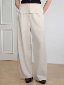 Dazy-Less High Waist White Solid Color Ruffle Waist Design Loose Wide Leg Casual Women's Long Pants Fall - White - View 3