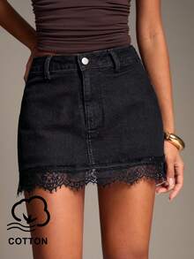 SHEIN BAE Women's Lace Patchwork Denim Skirt - Grey - View 1