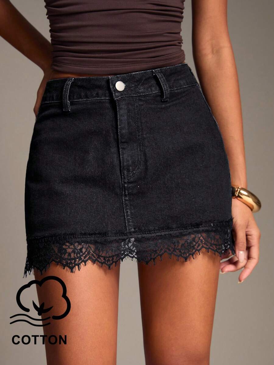 SHEIN BAE Women's Lace Patchwork Denim Skirt - Grey - View 1