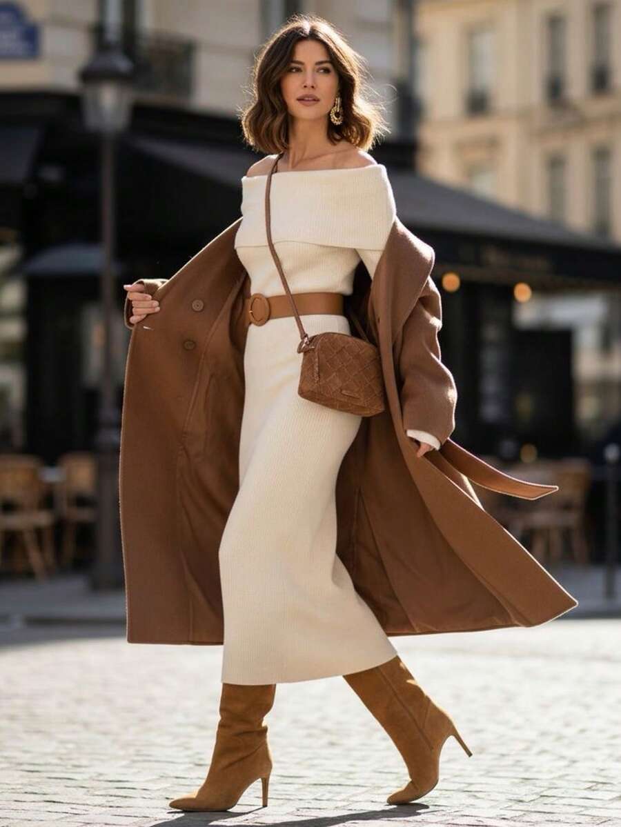 Balvessa Women's Solid Color Off-Shoulder Long Sleeve Fitted Elegant Knit Dress