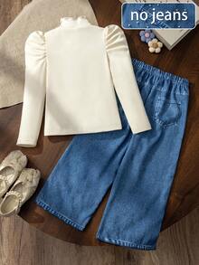 Girls Bow Puff Sleeve 2-Piece Set, Half-High Neck Puff Sleeves, Large Denim Look-Textured Bow Patch, Shapes Shoulders - Apricot - View 2