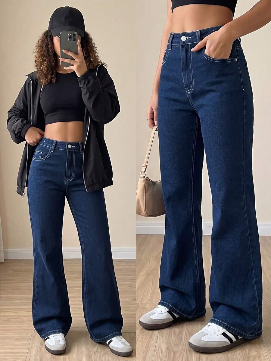 SHEIN 青少年女孩新款復古水洗深藍色Y2K時尚百搭修身顯瘦熱門耐穿水洗彈力緊身喇叭牛仔褲,優質柔軟棉質面料,適合度假、日常穿著、上學、通勤、派對、居家、節慶 - 深色水洗藍 - 查看 1
