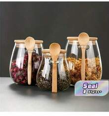 Two Pieces Set Of Glass Jar And Spoon, Sealed Glass Storage, Perfect For Storing Coffee, Sugar, Tea, Salt, Candy, And Spices, Making It An Ideal Kitchen Storage Item. - Multicolor - View 1