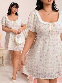 CovetEZ Plus Size Women's Floral Ruffle Front Tie Elegant Kawaii 1950s Vintage Traditional Cute Fairycore Dress Birthday Wedding Guest Dates Summer Beige - Multicolor - View 1