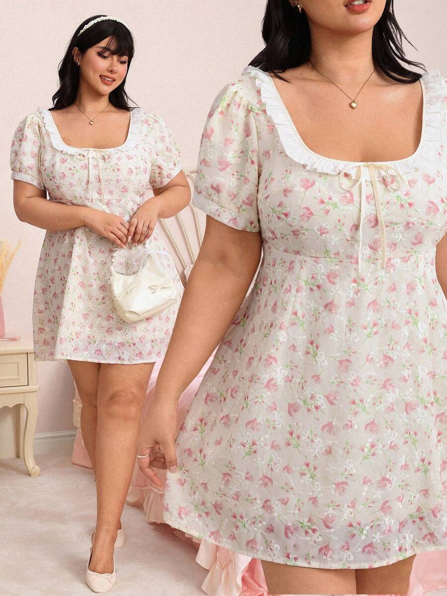 CovetEZ Plus Size Women's Floral Ruffle Front Tie Elegant Kawaii 1950s Vintage Traditional Cute Fairycore Dress Birthday Wedding Guest Dates Summer Beige - Multicolor - View 1