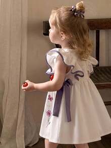 LMoss Kids 女婴编织花卉图案圆领荷叶边撞色蝴蝶结休闲连衣裙 - 白色 - 查看 5