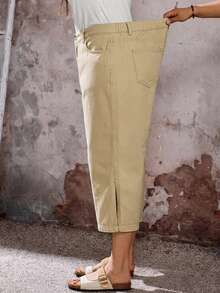 EMERY ROSE EMERY ROSE Plus Size Women's Pocket Side Slit Wide Leg Loose Casual Cropped Denim Jeans - Khaki - View 4