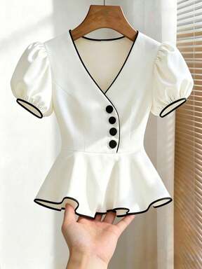 SHEIN Franclia Women's Summer V-Neck Puff Sleeve Peplum Top,Elegant Black And White Contrast Trim Blouse For Office,Work,Commuting French Style Woven Fashionable