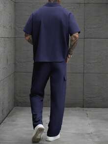 SLATEMANN 男士純色短袖單排扣襯衫與工裝褲休閒套裝 - 藏蓝色 - 查看 2