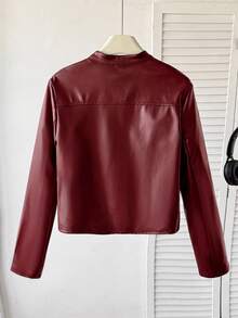SHEIN Tween女孩秋冬休閒街頭風翻領PU皮革短夾克（前金屬拉鍊） - 酒紅色 - 查看 2
