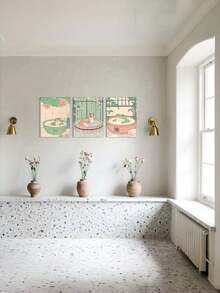 3Pcs Retro Japanese Bathroom Wall Art – Cat, Bathtub & Fox Canvas Prints, Soft Tone Relaxing Design For Living Room Home Decor, Gift (Unframed) - multicolor - View 7
