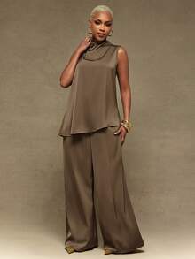Vixey Matte Satin Wide Leg Trousers, Summer/Spring Work Office Pants, Desk To Dinner, Work To Weekend, Day To Night, Tailored Pants, Versatile Style - Brown - View 3
