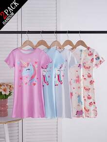 2件套随机赠送的小女孩卡通睡衣盲盒，5种款式随机发货，包括独角兽、星星、全印花独角兽、甜美娃娃设计，柔软顺滑的针织面料，宽松版型，可机洗 - 粉色 - 查看 3