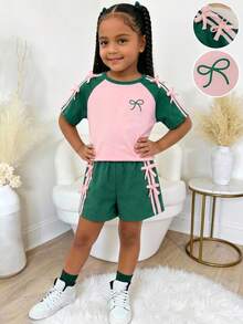 Elladie kids 女童時尚粉綠拼色休閒運動套裝，3D蝴蝶結裝飾，條紋插肩短袖T恤與短褲休閒套裝 - 彩色 - 查看 8